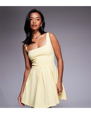 Vesper Petite Bengaline Square Neck Box Pleat Mini Dress - Natural