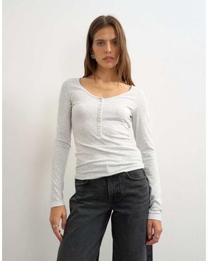 TOPSHOP Rib V-Neck Henley Long Sleeve Top - White