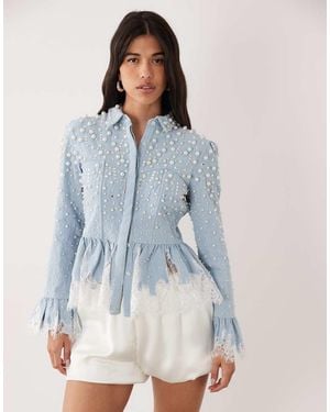 ASOS Peplum Denim Korsetoverhemd Met Kant En Pareldetail - Blauw