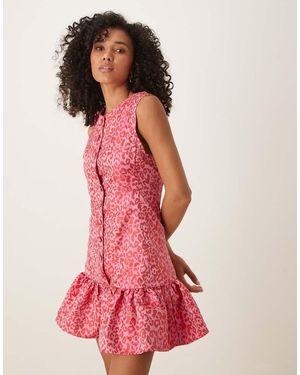 Ghospell Jacquard Mini Jurk Met Ruches Aan De Zoom - Roze