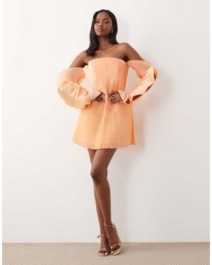 ASOS Pleated Tiered Mini Dress With Sleeve Detail - Natural