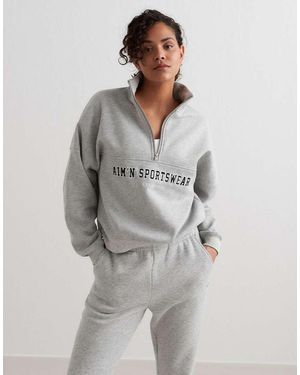 Aim'n Sudadera Jaspeado Con Media Cremallera Y Diseño Universitario De - Gris