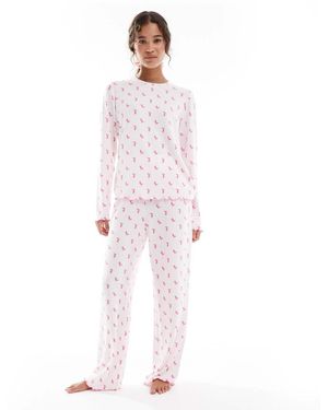Loungeable Marl Brushed Rib Long Sleeve Top And Trouser Set - White