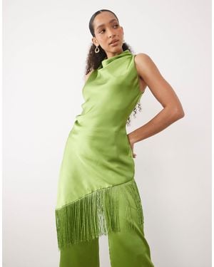 Mango Dylan High Cowl Neck Satin Sleeveless Blouse Co-Ord With Tassle Detail - Green