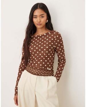House Of Sunny Double Layer Polka Dot Mesh Long Sleeve Top - Brown
