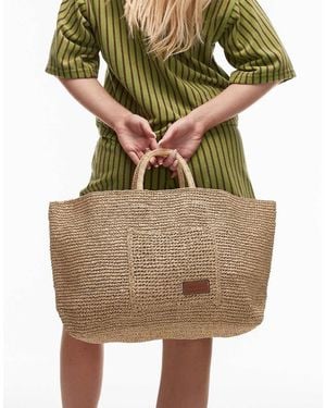 & Other Stories Large Woven Straw Tote Bag With Real Leather Strap - Green
