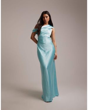 Six Stories Satin Drape One Shoulder Maxi Dress - Blue