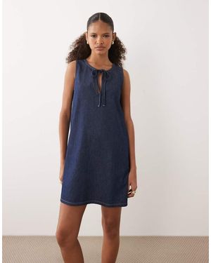 ASOS Denim Keyhole Mini Shift Dress With Bow Detail - Blue
