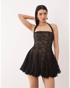 Murci Square Halterneck Gathered Godet Hem Lace Mini Dress - Black