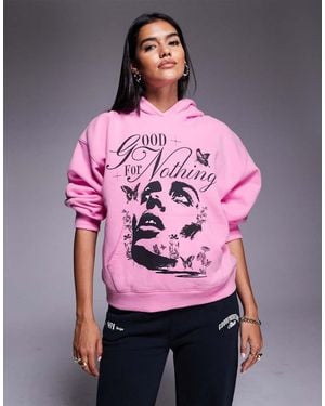 Good For Nothing Contrast Print Relaxed Hoodie - Pink