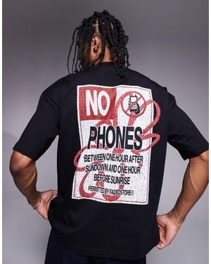 Faded Store No Phones Graphic Back Print T-shirt - Grey