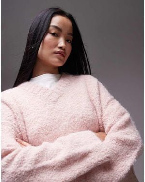 TOPSHOP Knitted High V-neck Boucle Jumper - Pink