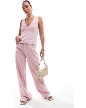 Stradivarius Linen Blend Embroidery Detail Trousers - Pink