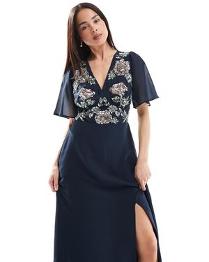 Maya Floral Embellished Short Angel Sleeve Maxi Dress - Blue