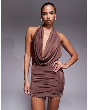 Edikted Bead Fringe Backless Halter Mini Dress - Brown
