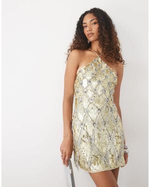 ASOS Asos Design Tall Diamond Fringe Halter Embellished Sequin Mini Dress - Natural