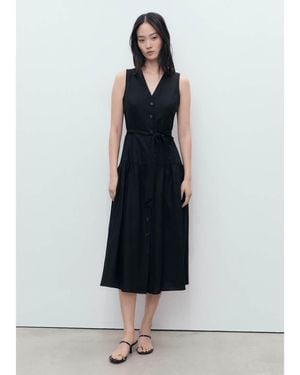 Mango Vestido Midi Abotonado Con Lazada En La Cintura De Efecto Lino De - Azul