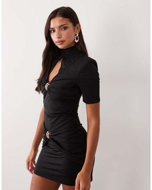 Ruched & Ready Sculpted High Neck Sculpted Cut Out Hardware Detail Mini Dress - Black