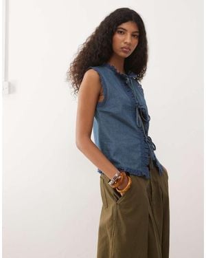 Reclaimed Vintage Chambray Denim Tie Front Tank Top With Eyelet Scallop Details - Blue