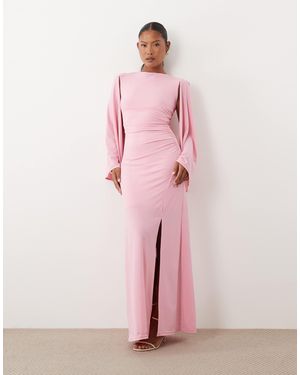 TFNC London Slinky Cape Sleeve Ruched Side Maxi Dress - Pink
