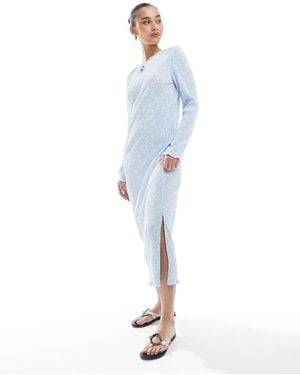 Pieces Long Sleeve Plisse Midi Dress - Blue