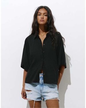 Pull&Bear Short Sleeve Linen Blend Shirt - Black