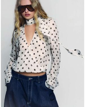 Bershka Long Sleeve Crossover Scarf Blouse - Blue