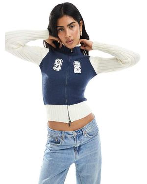 Daisy Street Zip Up High Neck Fitted Cardigan - Blue
