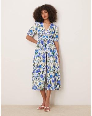 Hope & Ivy Vestido Midi Blanco De Corte Amplio Con Estampado Azul, Mangas Abullonadas Y Cuello De Pico De