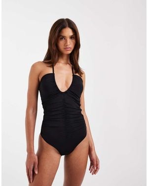 Vero Moda Plunge Front Halter Neck Ruched Detail Swimsuit - White