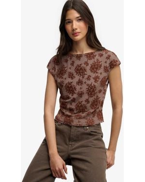 Superdry Flocked Mesh Short Sleeve Top - Brown