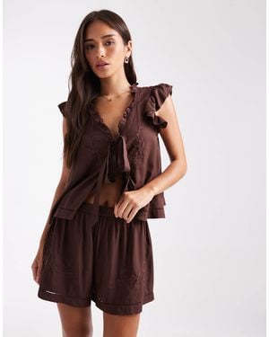 Miss Selfridge Frill Detail Pyjama Short Set - Brown