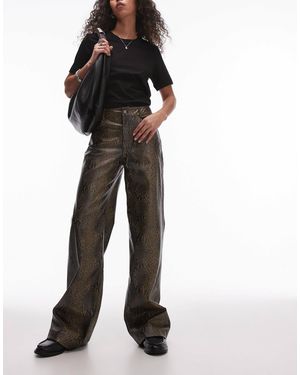 Mango Leather Look Straight Leg Snake Print Pants - Brown