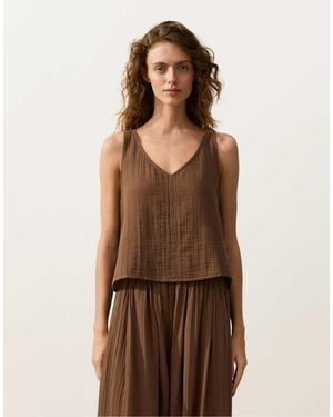 Oysho 100% Cotton V-Neck Strappy Top - Brown