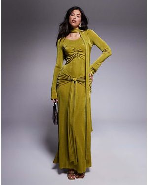 DASKA Ruched Maxi Dress With Waist And Neck Tie Detail - Green