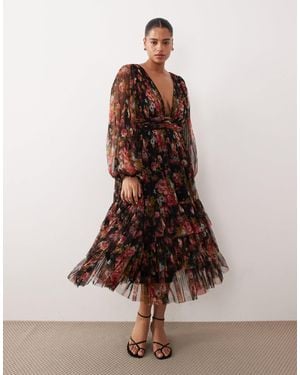Lace & Beads Plus Long Sleeve Midi Dress - Brown