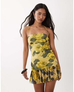 ASOS Halter Twist Back Mesh Mini Dress - Yellow