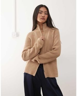 Monki Ribbed Knitted Two Way Zip Cardigan - Natural