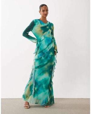 DASKA Chiffon High Cowl Neck Frill Detail Maxi Dress - Green