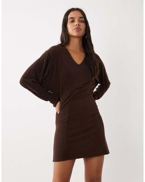 ASOS Batwing Sleeve V-Neck Mini Dress - Brown