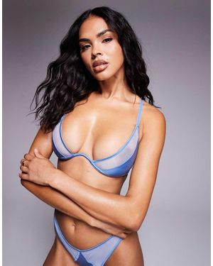 ASOS Belle Satin & Sheer Mesh Underwired Bra - Blue