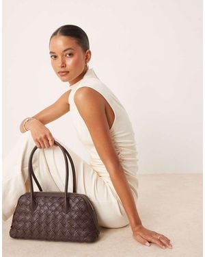 Mango Faux Leather Woven Bowling Bag - Brown