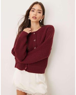 Lovedrobe Bow Button Detail Round Neck Cardigan - Red
