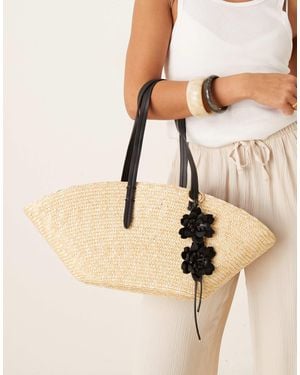 Mango Woven Straw Bag With Flower Charm - Natural
