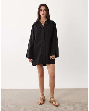ASOS Cotton Linen Mini Shirt Dress With Wide Cuffs And Oversized Pockets - Black