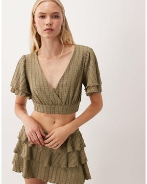Miss Selfridge Textured Wrap Frill Sleeve Top Co-Ord - Brown