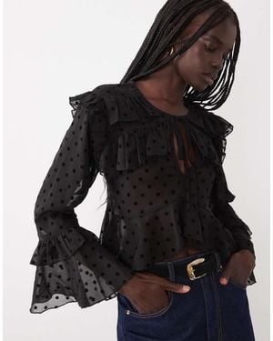 Miss Selfridge Tiered Ruffle Blouse With Velvet Polka Dot - Black