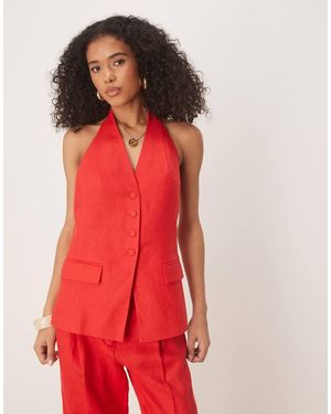 Mango Halterneck Linen Waistcoat Co-ord - Red