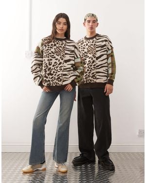 Collusion Unisex Knitted Spliced Animal Print Sweater Sweater - Black