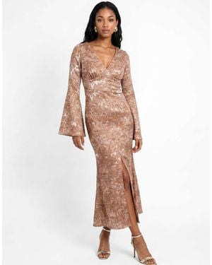 Maya Satin Burnout Bell Sleeve Midaxi Dress - Brown